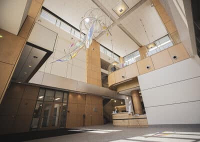 The Fort Wayne Campus Atrium with a sculpture hanging from the ceiling
