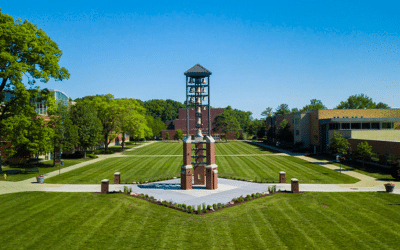 Clock tower in the middle of Manchester University's campus
