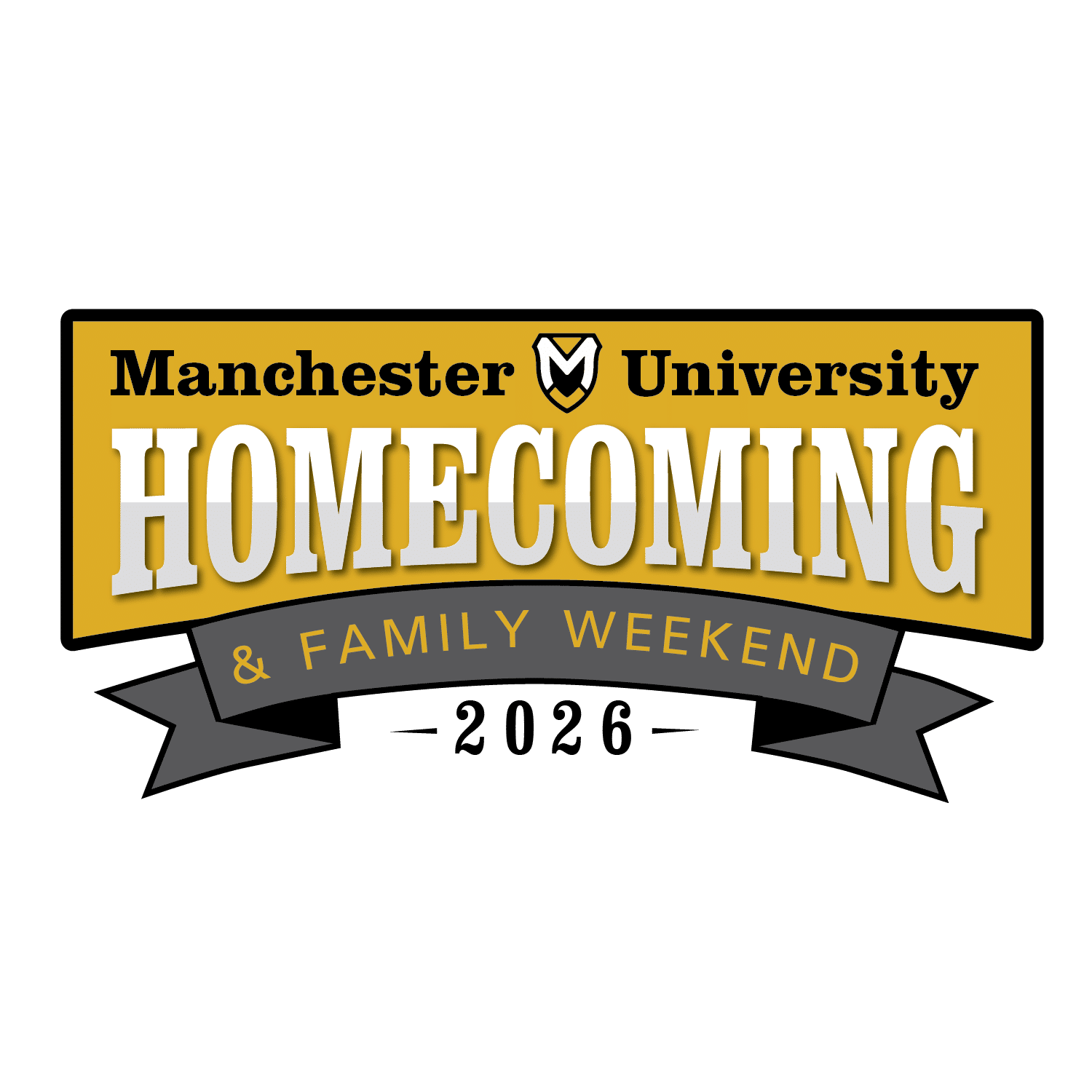 Official Homecoming Logo for Manchester University - reads Manchester University Homecoming Family Weekend 2026