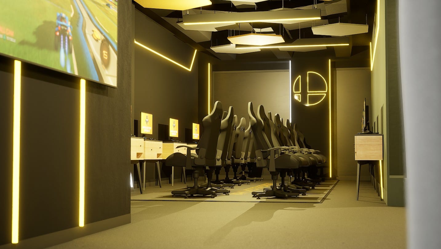 Overflow player area with desk units for side by side practice, pre-staging, and intermittent gaming.