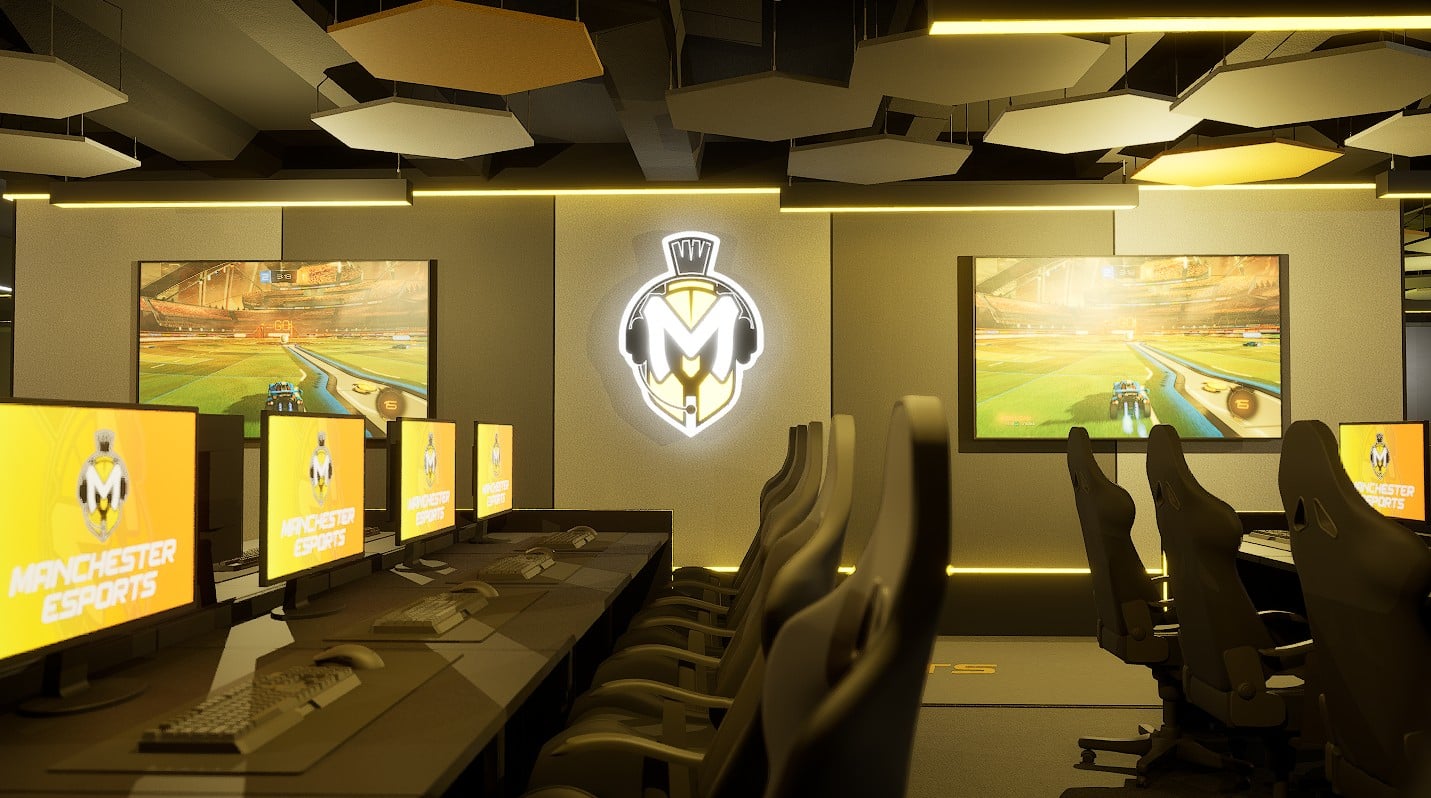 Overflow room with Esports logo on the wall and LCD screens showing live play.