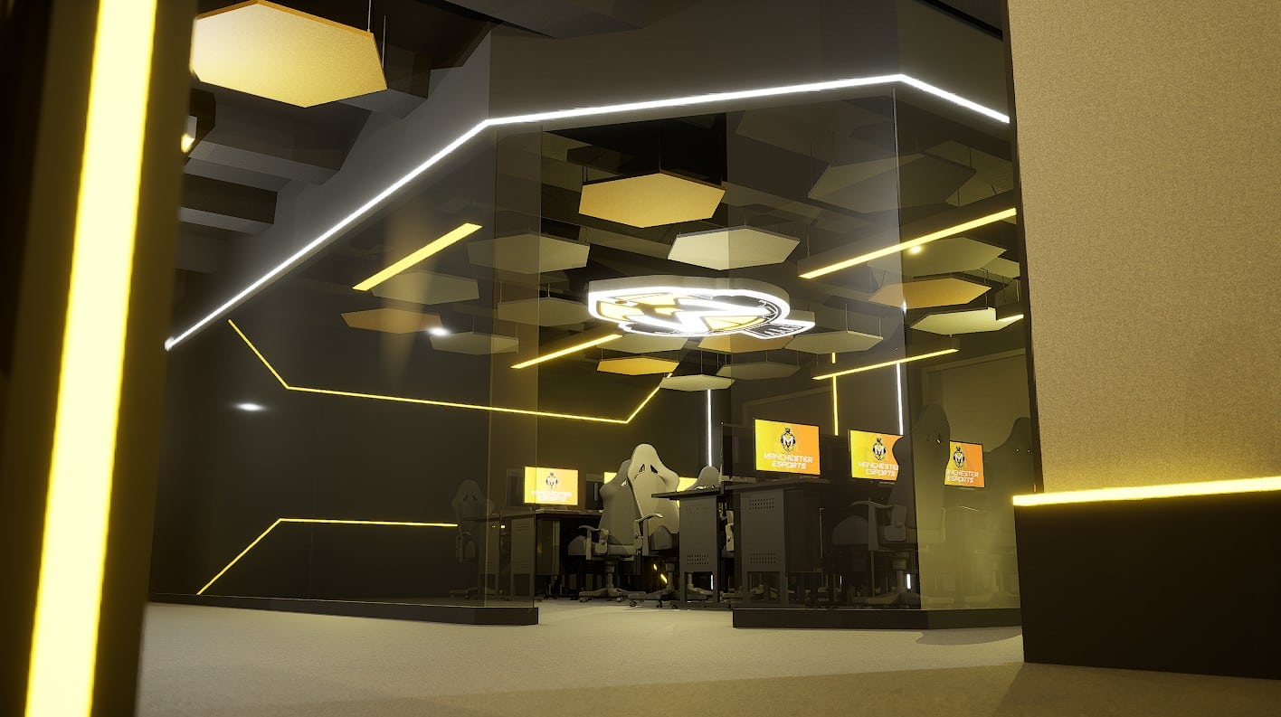 The main arena is encompassed by glass walls and the ceiling has the Esports mascot illuminated on the ceiling.
